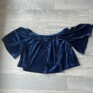 Navy velvet off-the-shoulder shirt